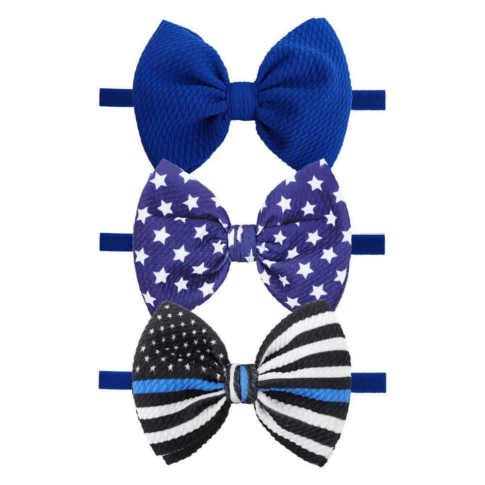 YanJie police-week headbands blue set closeup showing soft nylon bows for infants