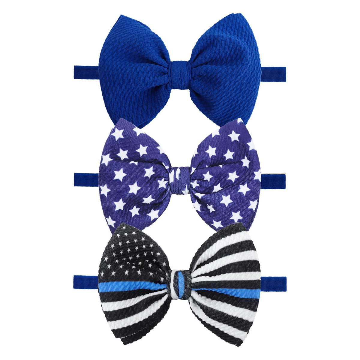 YanJie police-week headbands blue set closeup showing soft nylon bows for infants