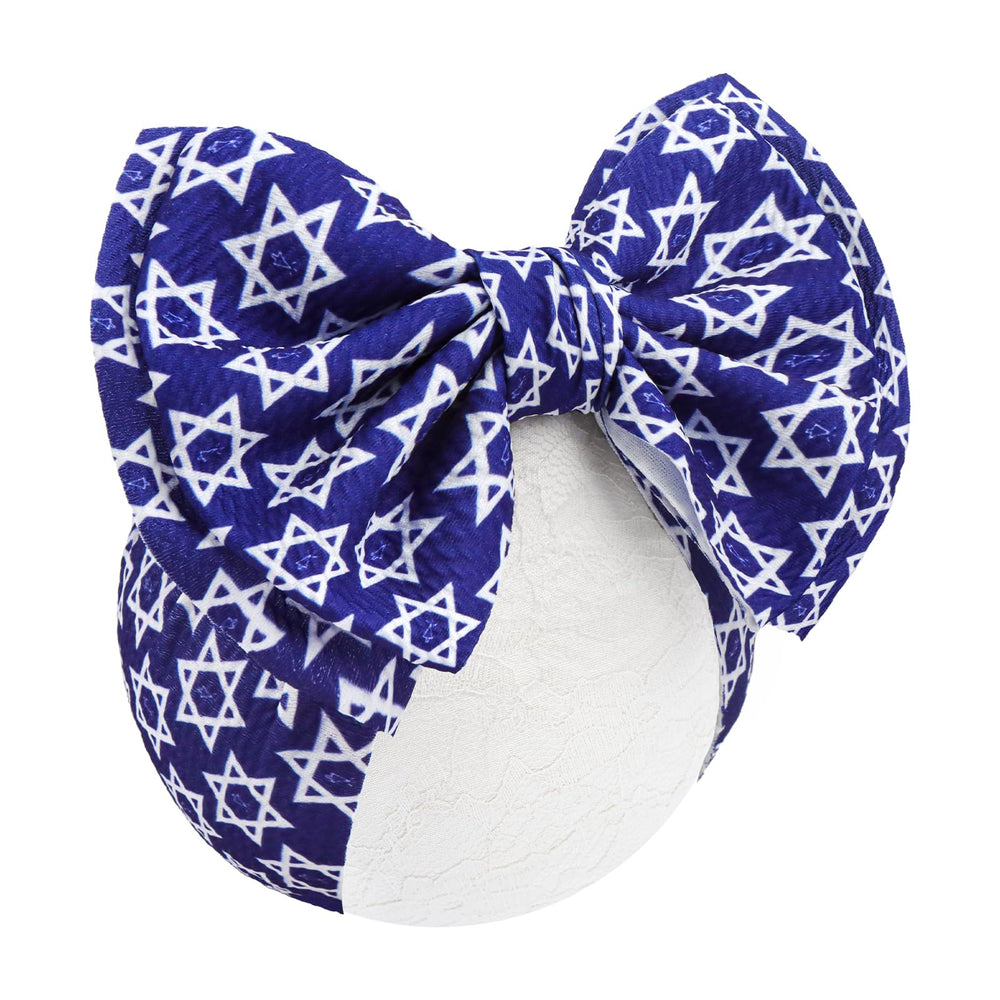 YanJie 7in Happy Hanukkah blue bow with Star of David pattern, ideal for festive outfits and photos.