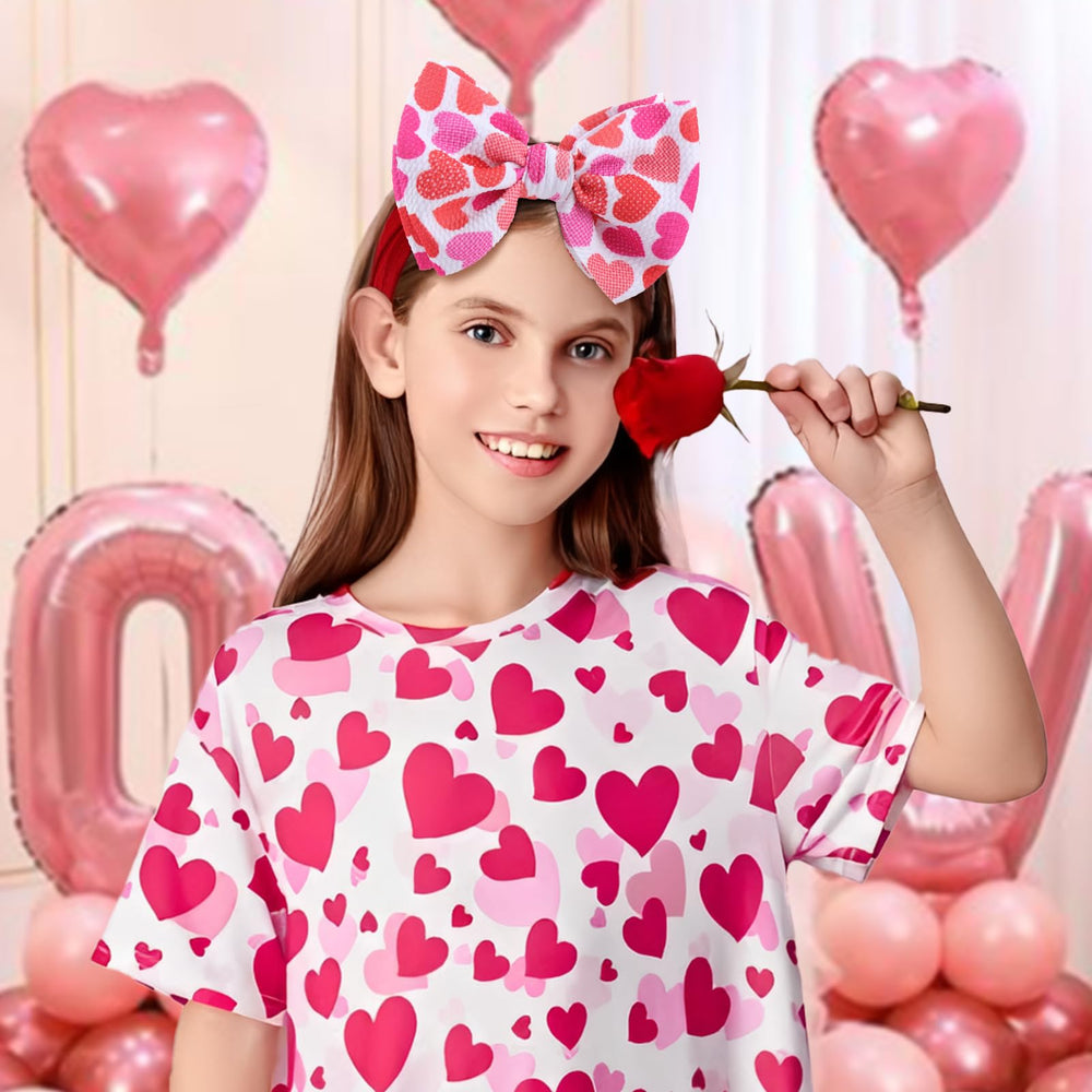YanJie Valentines Bows red nylon heart headband worn by baby girls for Valentines outfit