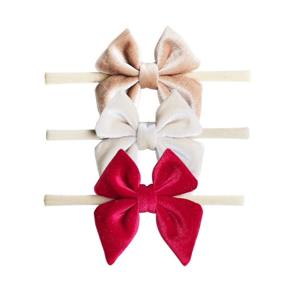 YanJie velvet bow headband in red on infant with soft stretched nylon for daily wear