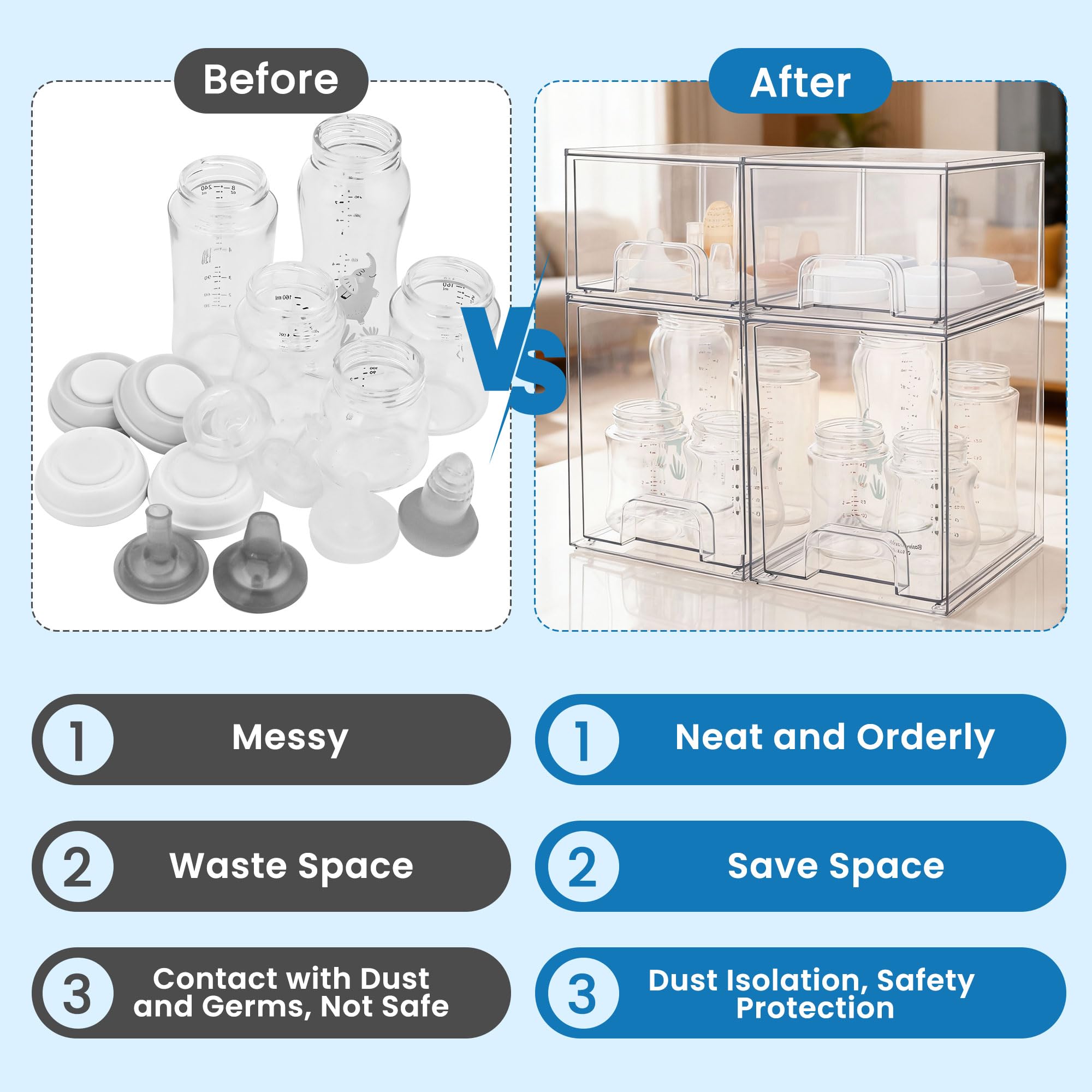 yanyoyo storage for pacifiers and bottles in a versatile space saving setup.