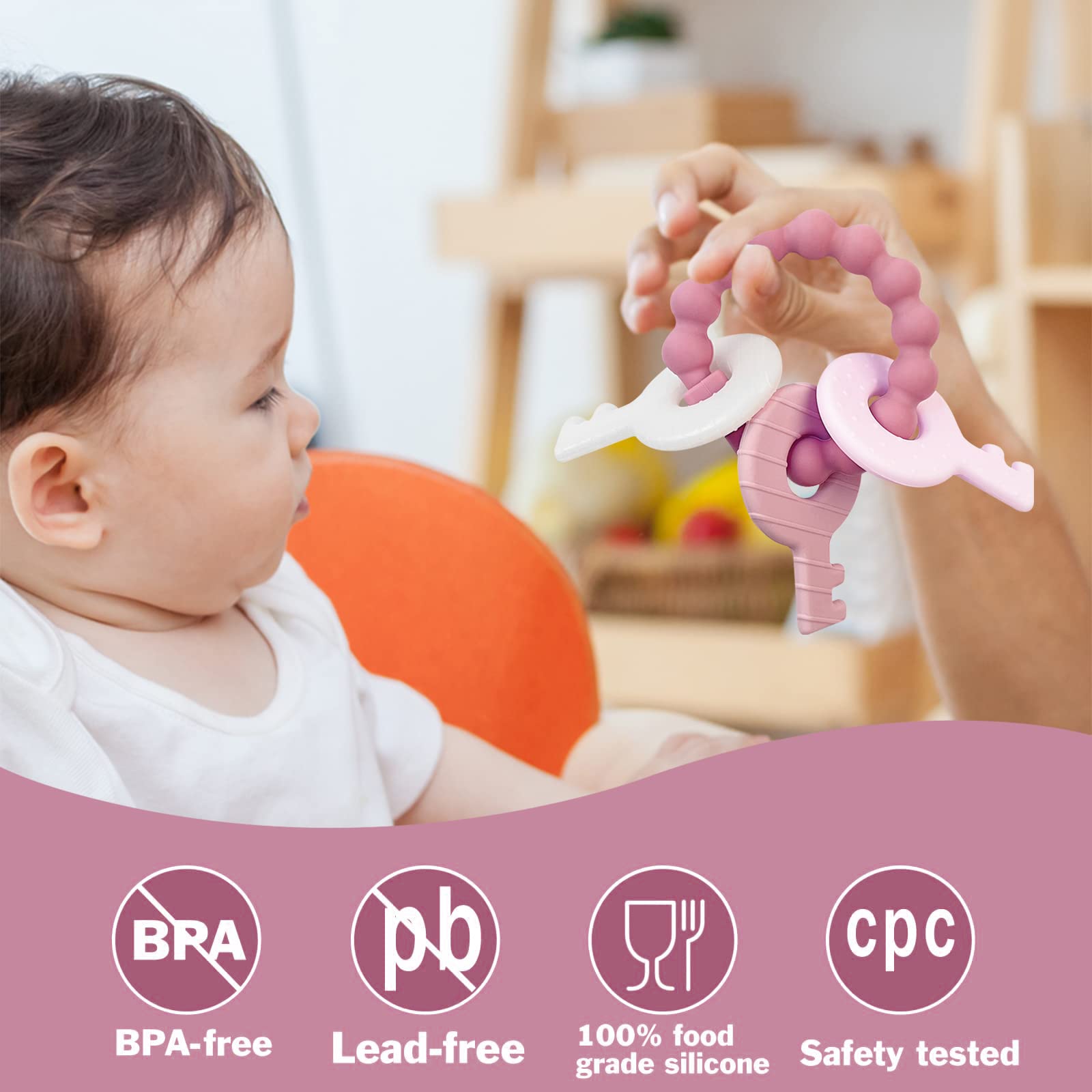 YAPPROMO Baby Teething Keys refrigerated relief provides cool comfort for sore gums.