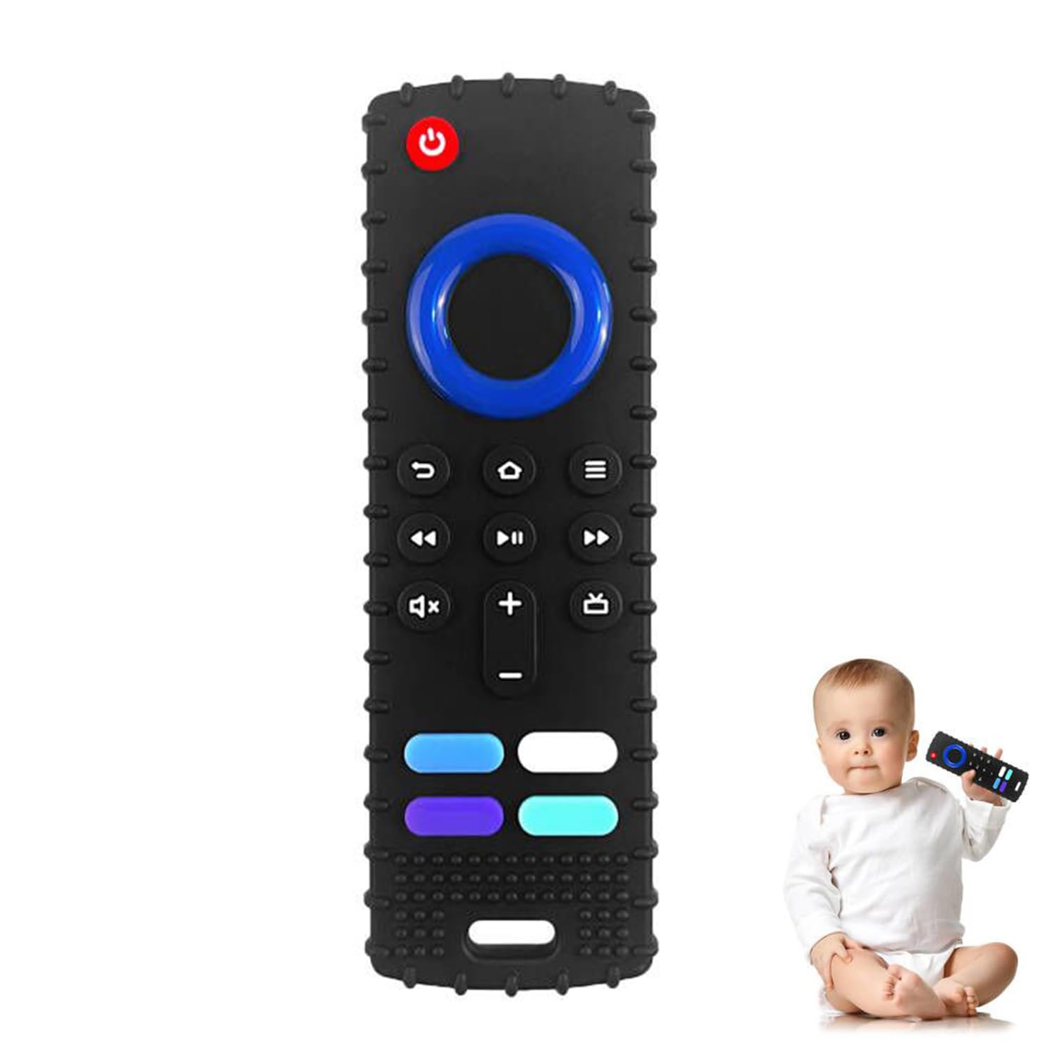YAPPROMO remote-teether top view shows safe silicone for chewing relief.