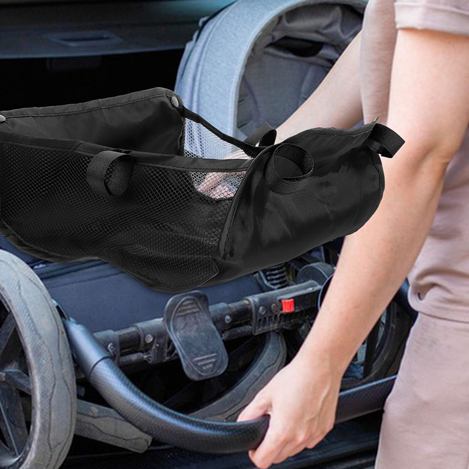 Yardenfun lightweight stroller storage basket demonstrates portability for on-the-go errands.
