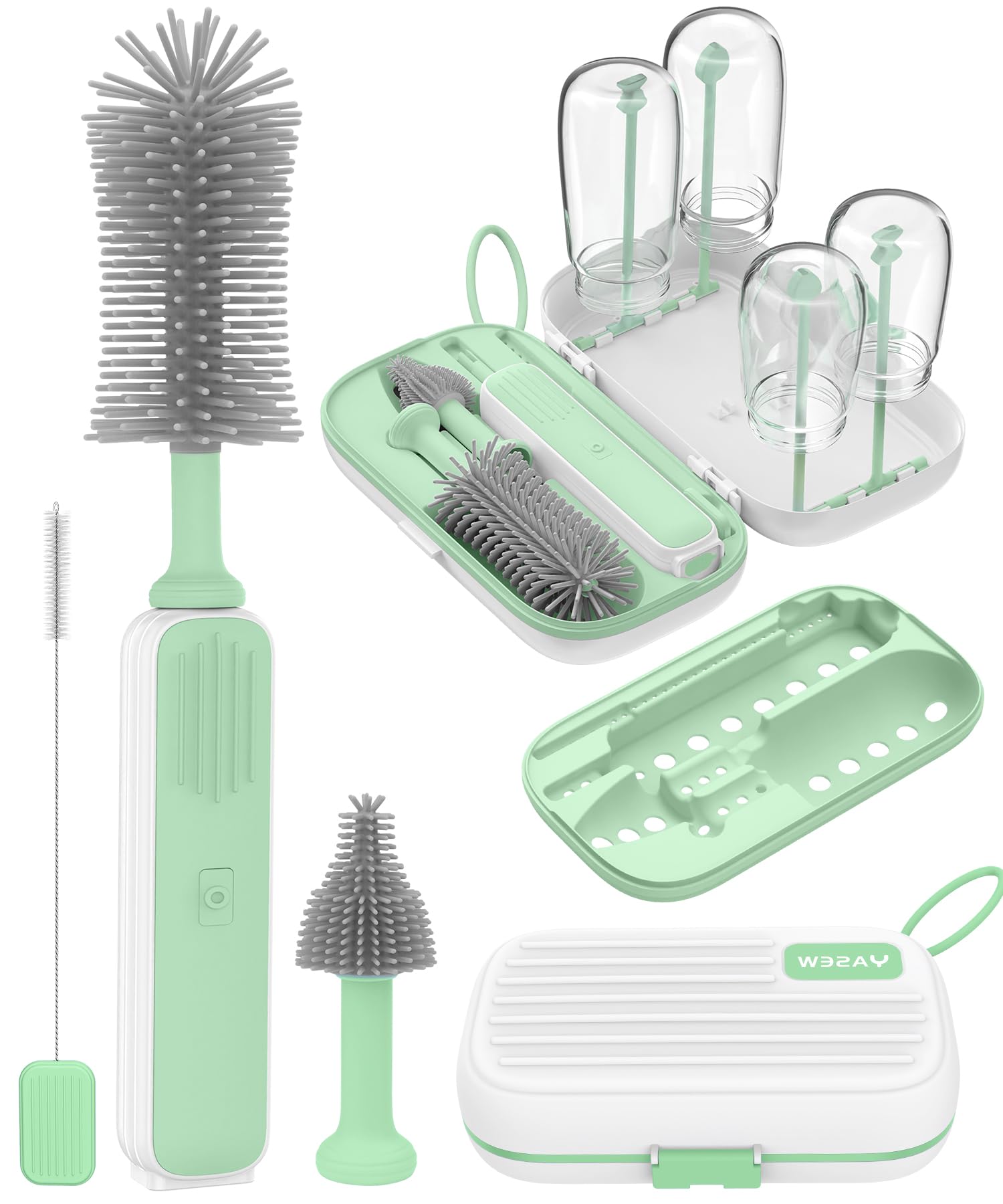 YASEW electric bottle brush cleaner assembled for travel-ready cleaning on the go.