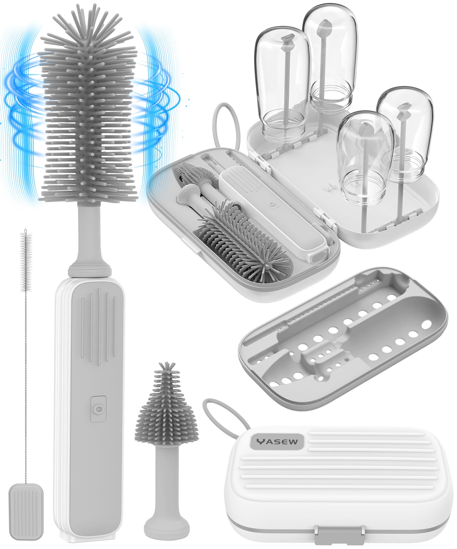 YASEW electric baby bottle brush cleaner kit in action for travel-ready cleaning.