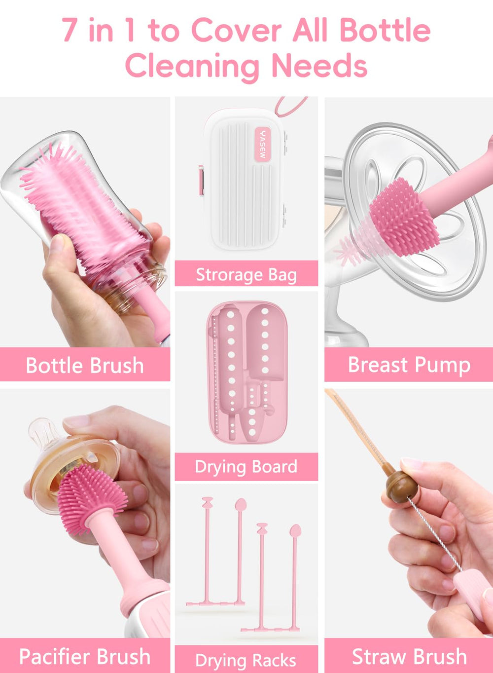 YASEW nipple brush accessory ready for gentle cleaning of tiny parts.