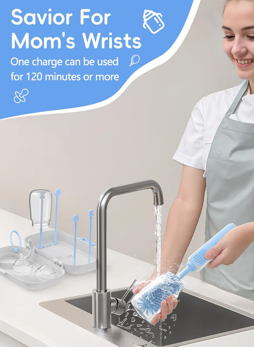 YASEW portable travel bottle washer fits in a diaper bag.