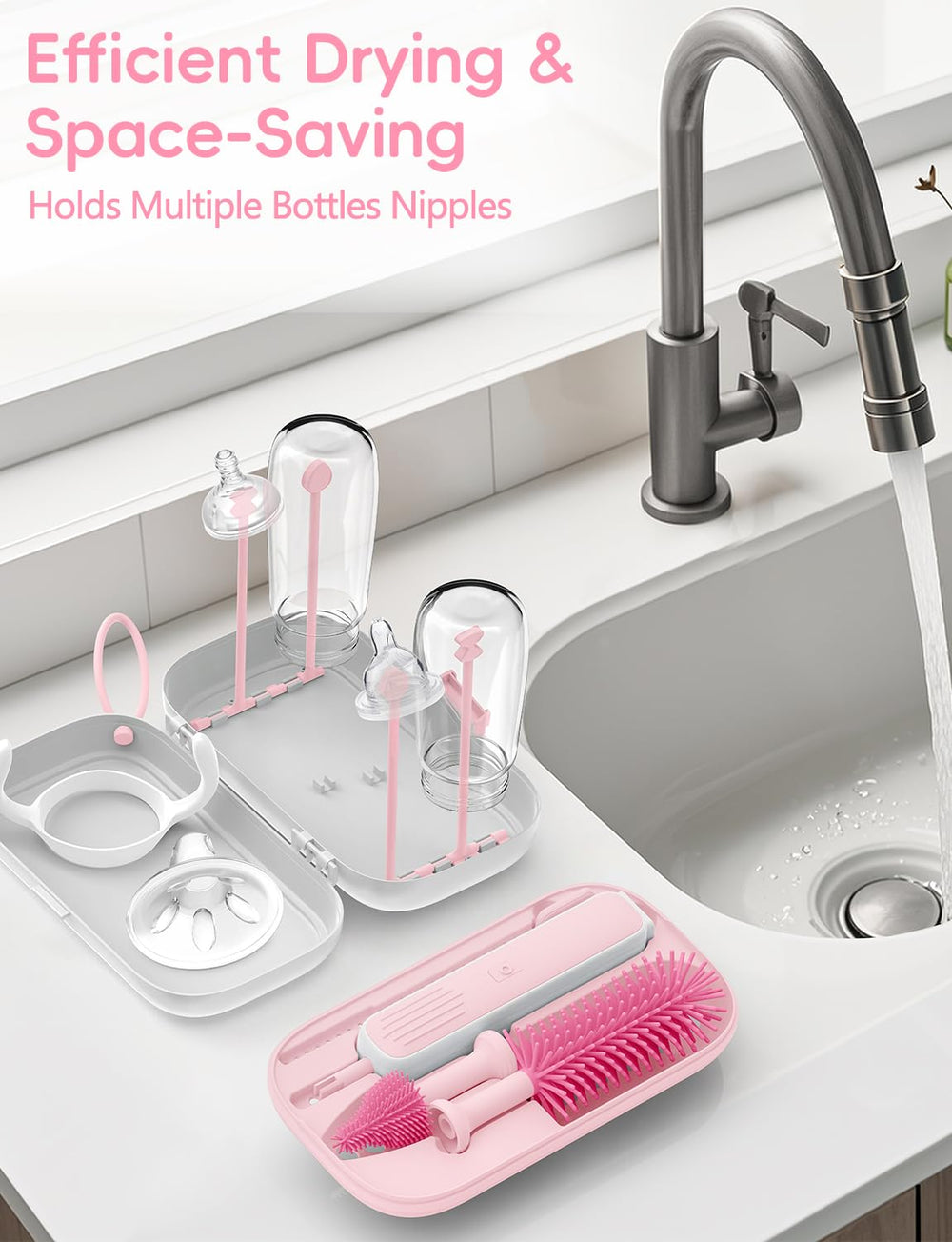 YASEW silicone bottle brush head close-up highlighting safe sterilization.