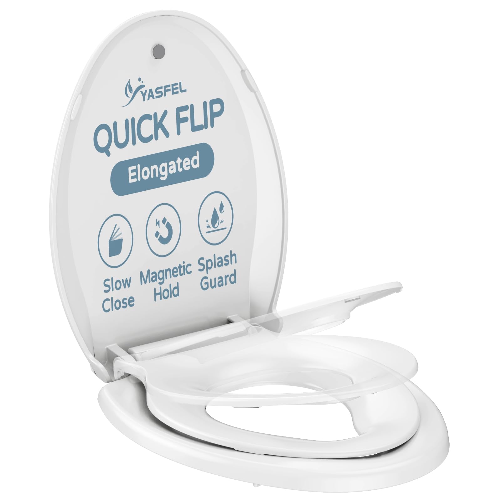 YASFEL 2-in-1 elongated toilet seat shows adult and child compatibility for family use.