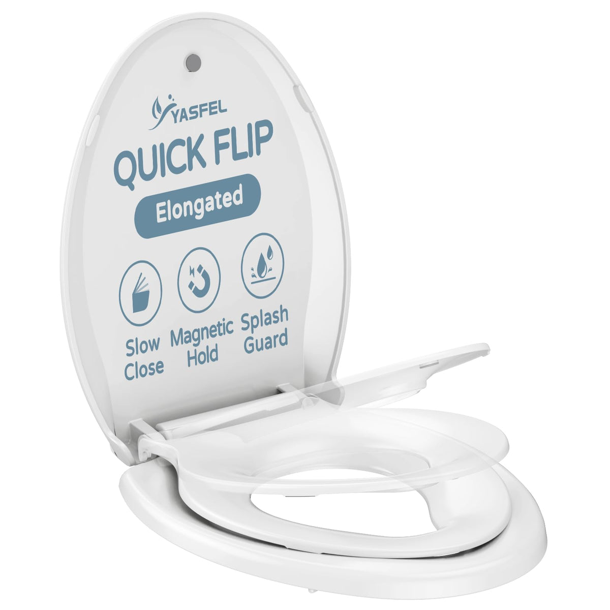 YASFEL 2-in-1 elongated toilet seat shows adult and child compatibility for family use.