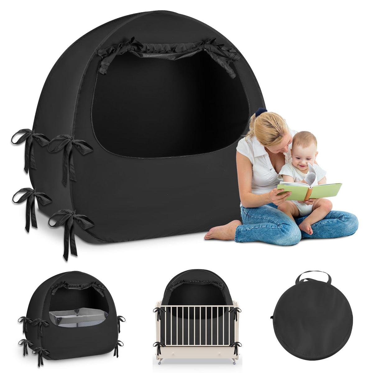 YAVIL crib blackout tent over crib creates a calmer, darker sleep space for naps.