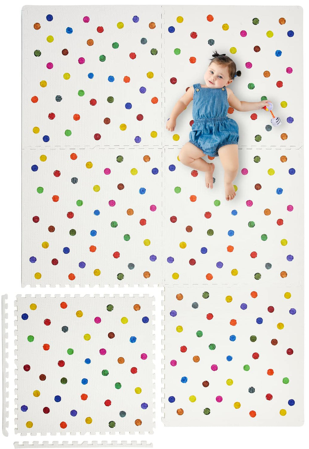 YAY! MATS Cassia Polka Dot tile close-up for stylish, safe tummy time play.