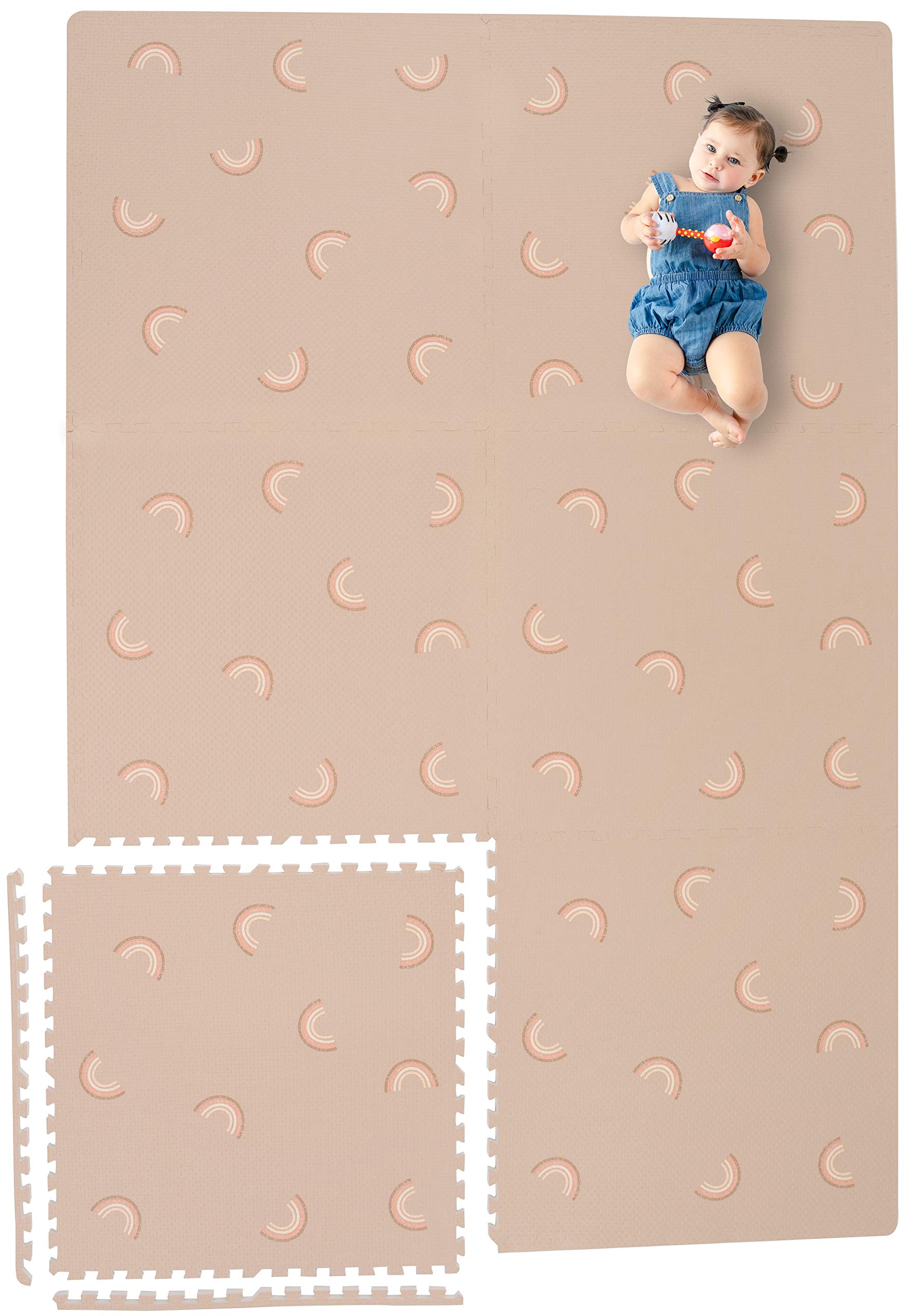 YAY! MATS Emery Rainbow tiles close-up with hypoallergenic foam for safe baby play.