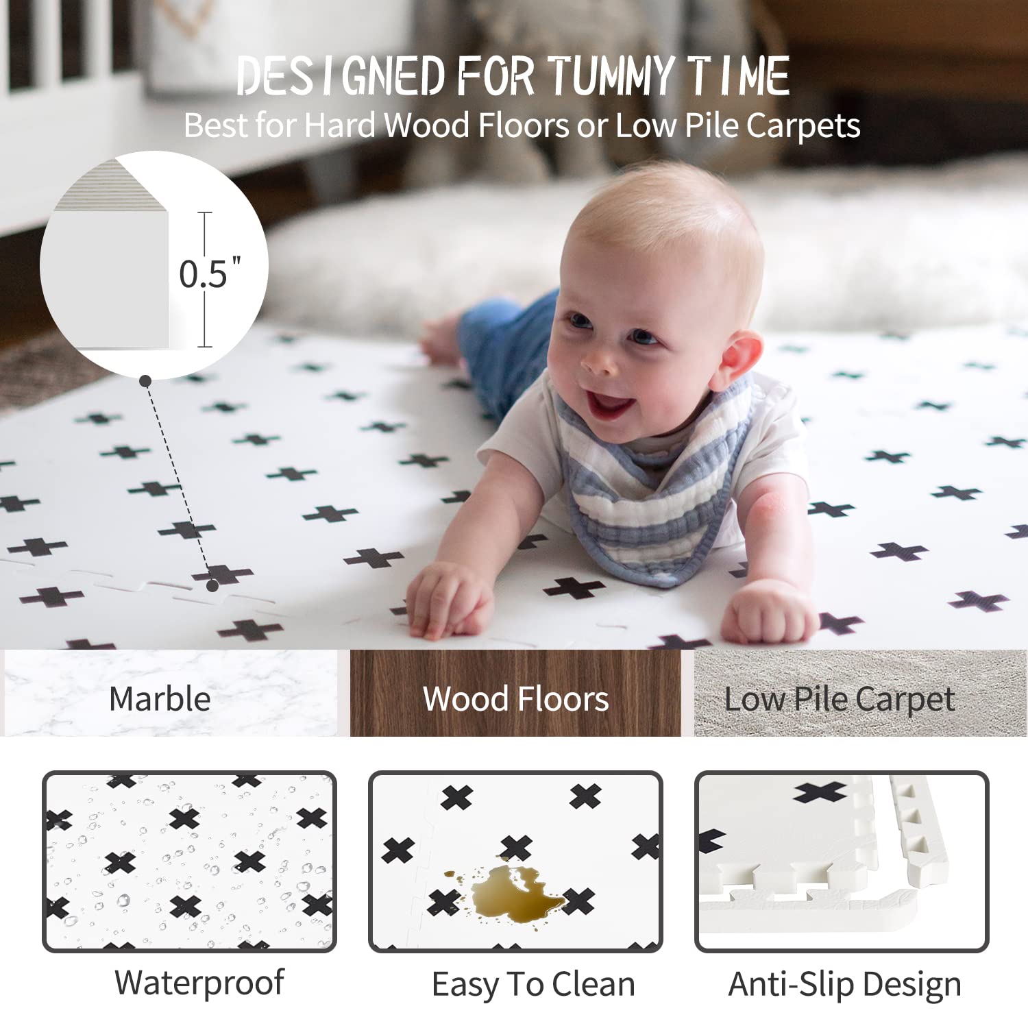 YAY! MATS expandable tiles show seamless 6x4 ft expansion for bigger play spaces.