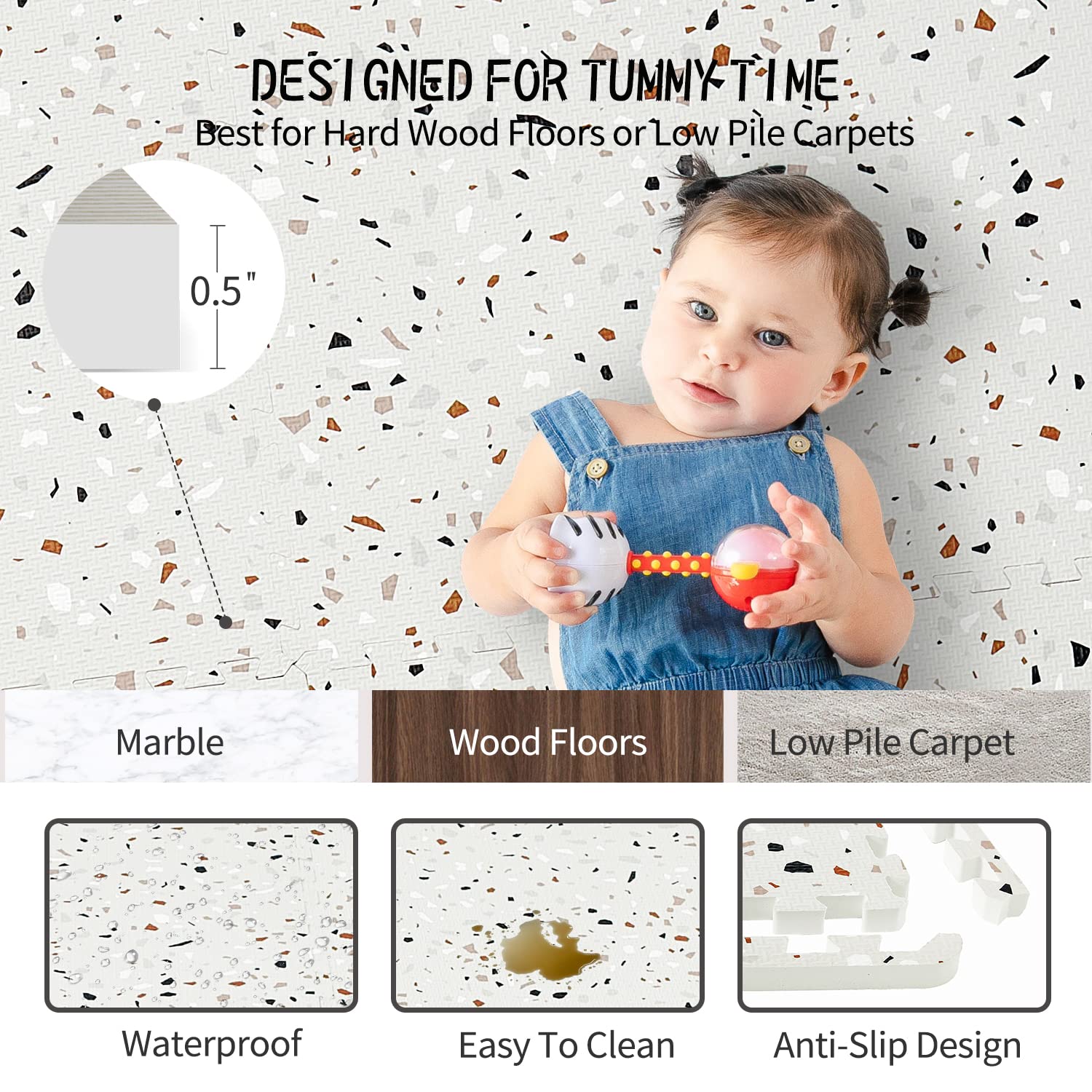 Yay! Mats interlocking-edges-highlight reveals easy setup and tight-fit protection during tummy time.