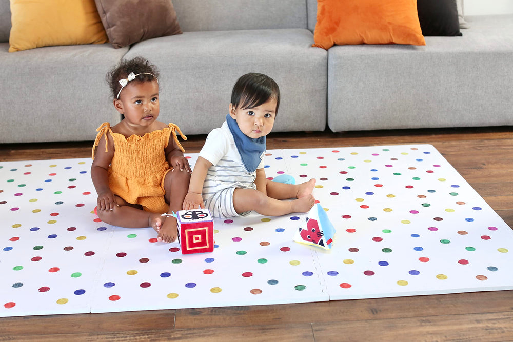 YAY! MATS hypoallergenic foam with non-slip backing supports stable floor play.