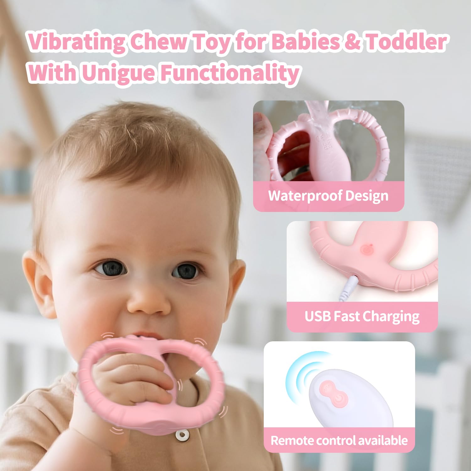 Yayajiao baby teether grip ergonomic pink designed for easy hold and motor skill practice.