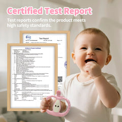 Yayajiao food-grade silicone teether pink highlighting safe chewing for teething and sensory exploration.