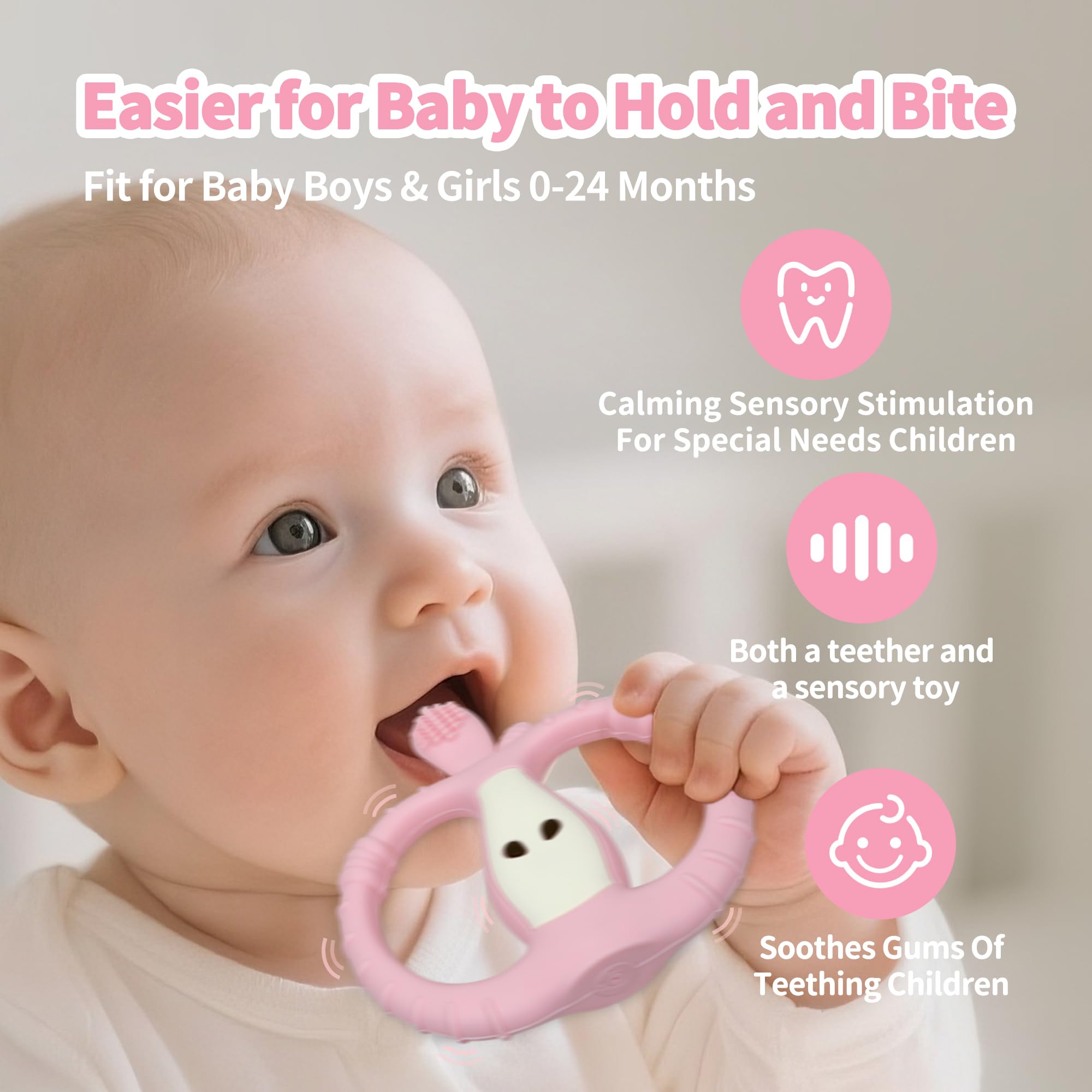 Yayajiao USB-rechargeable teether pink featuring long-lasting power for travel-friendly soothing sessions.