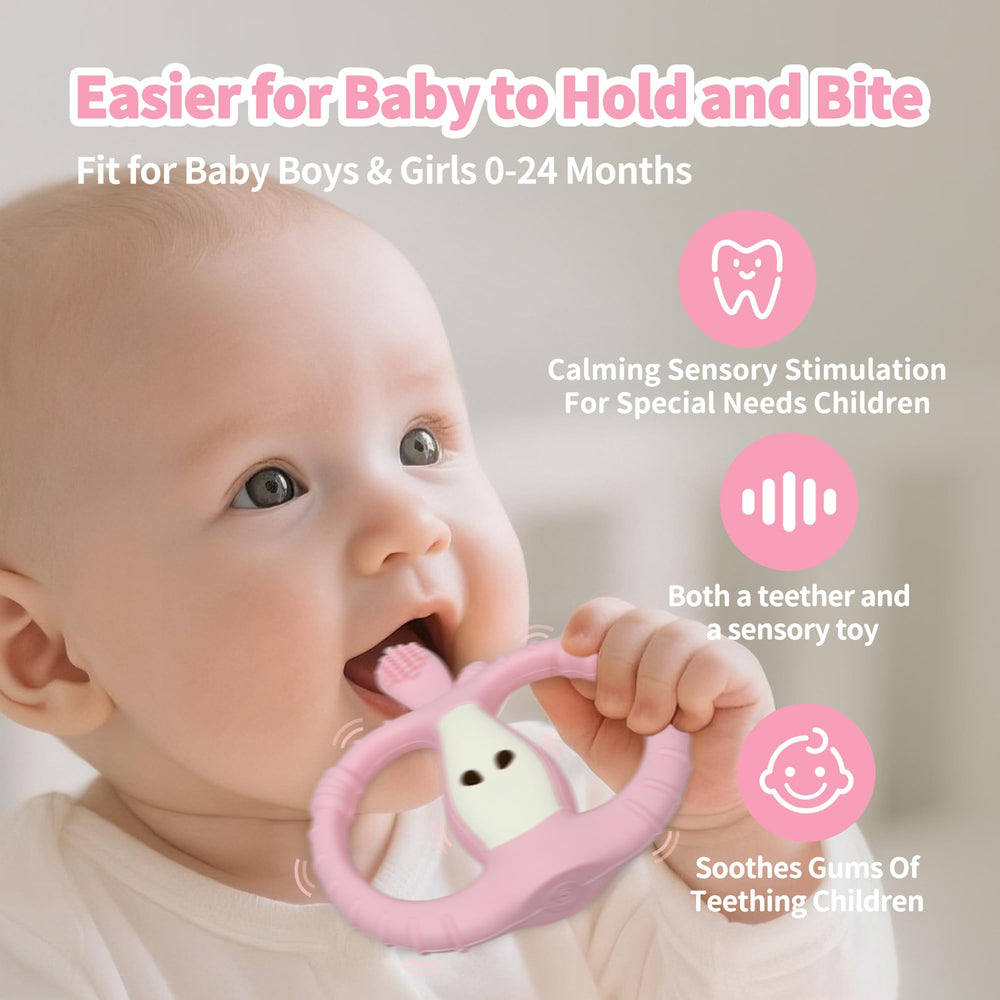 Yayajiao USB-rechargeable teether pink featuring long-lasting power for travel-friendly soothing sessions.
