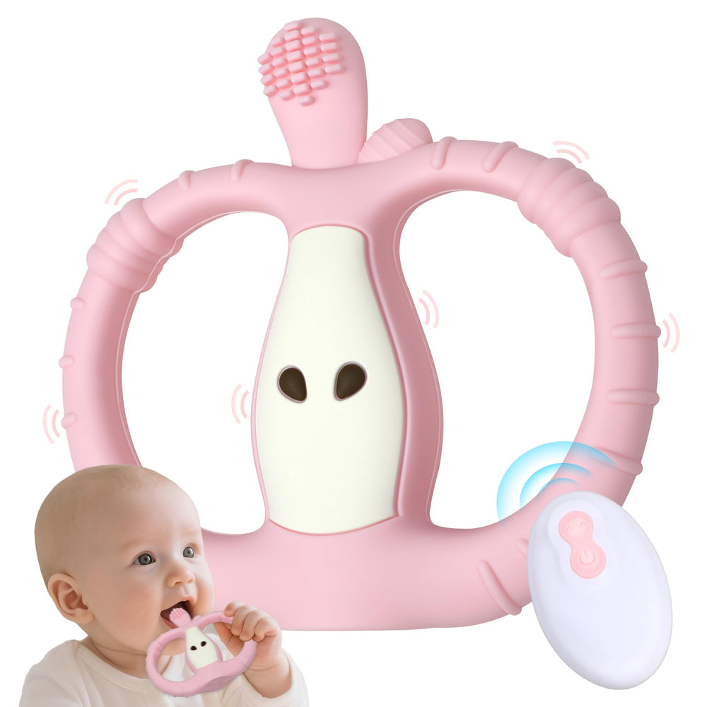 Yayajiao vibrating teether with remote apple pink close-up showing 10-speed soothing gums.