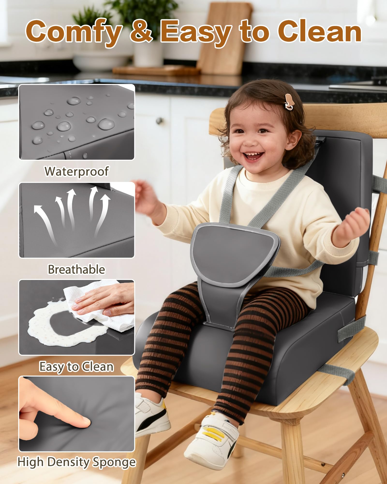 YCDTMY booster seat non-slip base prevents sliding at tables.