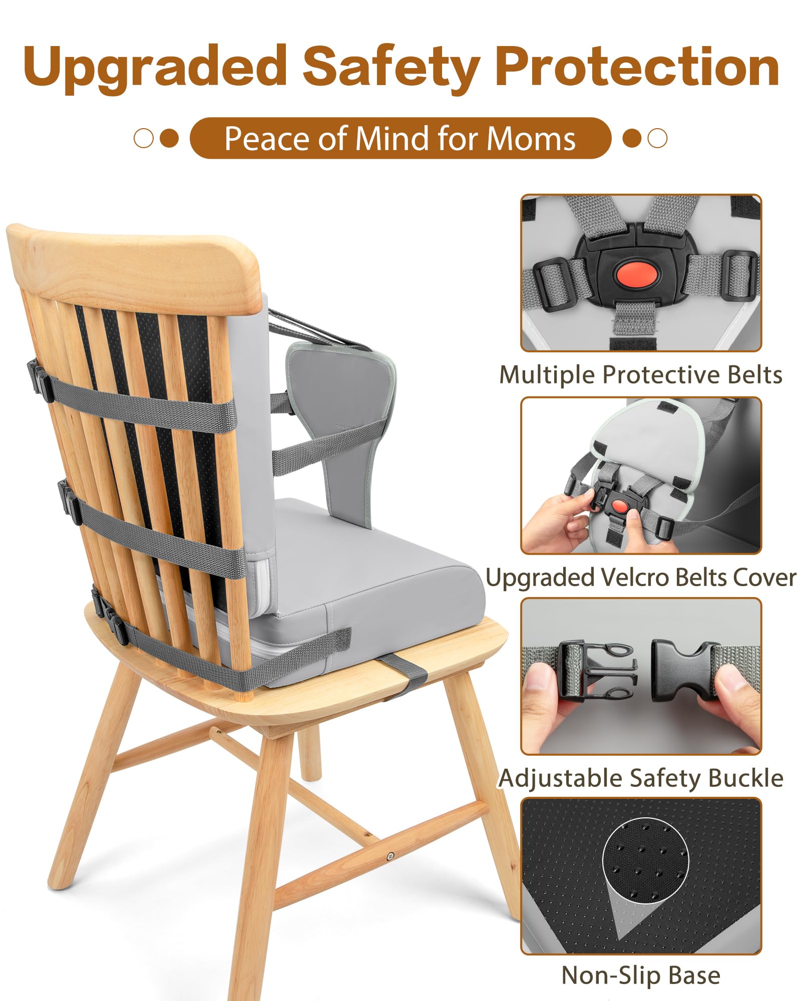 YCDTMY Toddler Booster Seat side view highlights secure strap system for chair compatibility