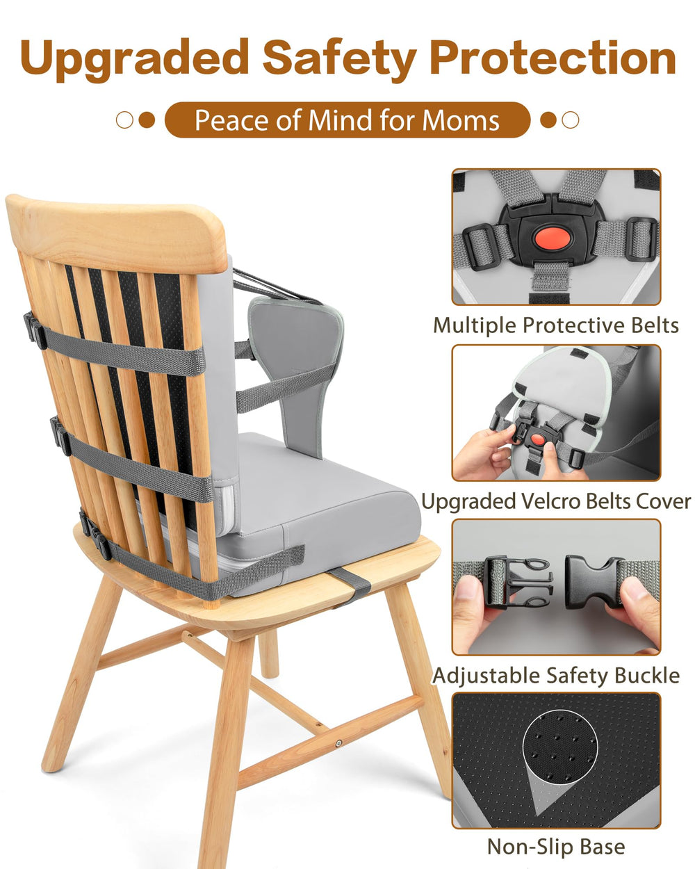 YCDTMY Toddler Booster Seat side view highlights secure strap system for chair compatibility