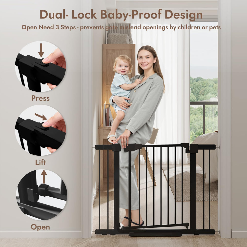 YDTOP baby gate auto-close feature for hands-free safe entry and exit.