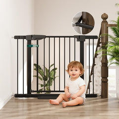 The YDTOP baby gate in stair setup demonstrates adjustable width for safe stair passage.