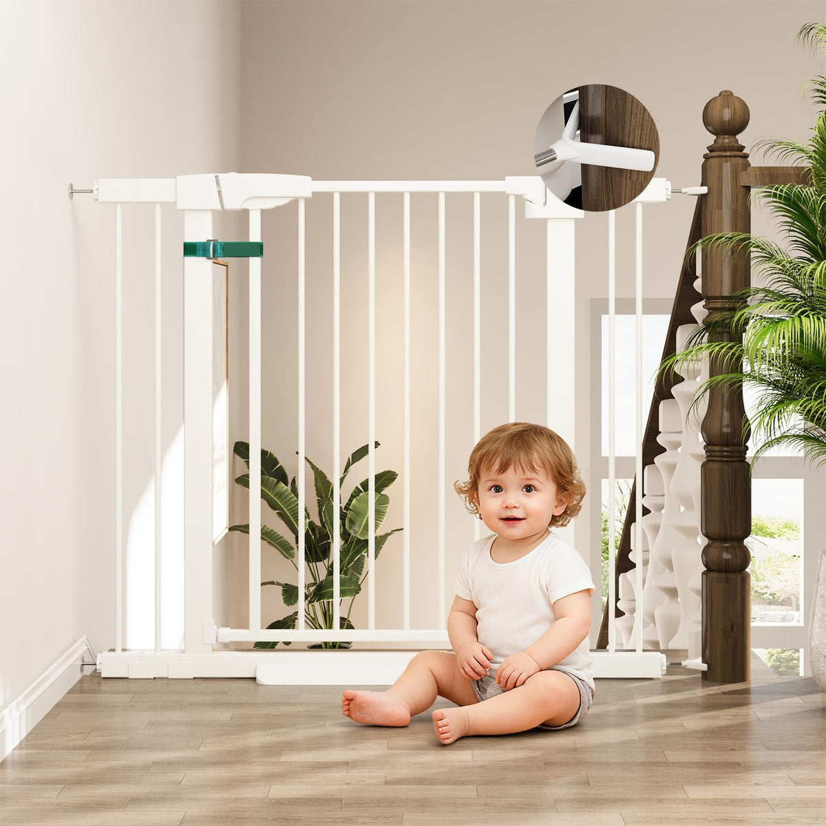YDTOP baby gate on stairs shows secure fit and quick setup for busy households.