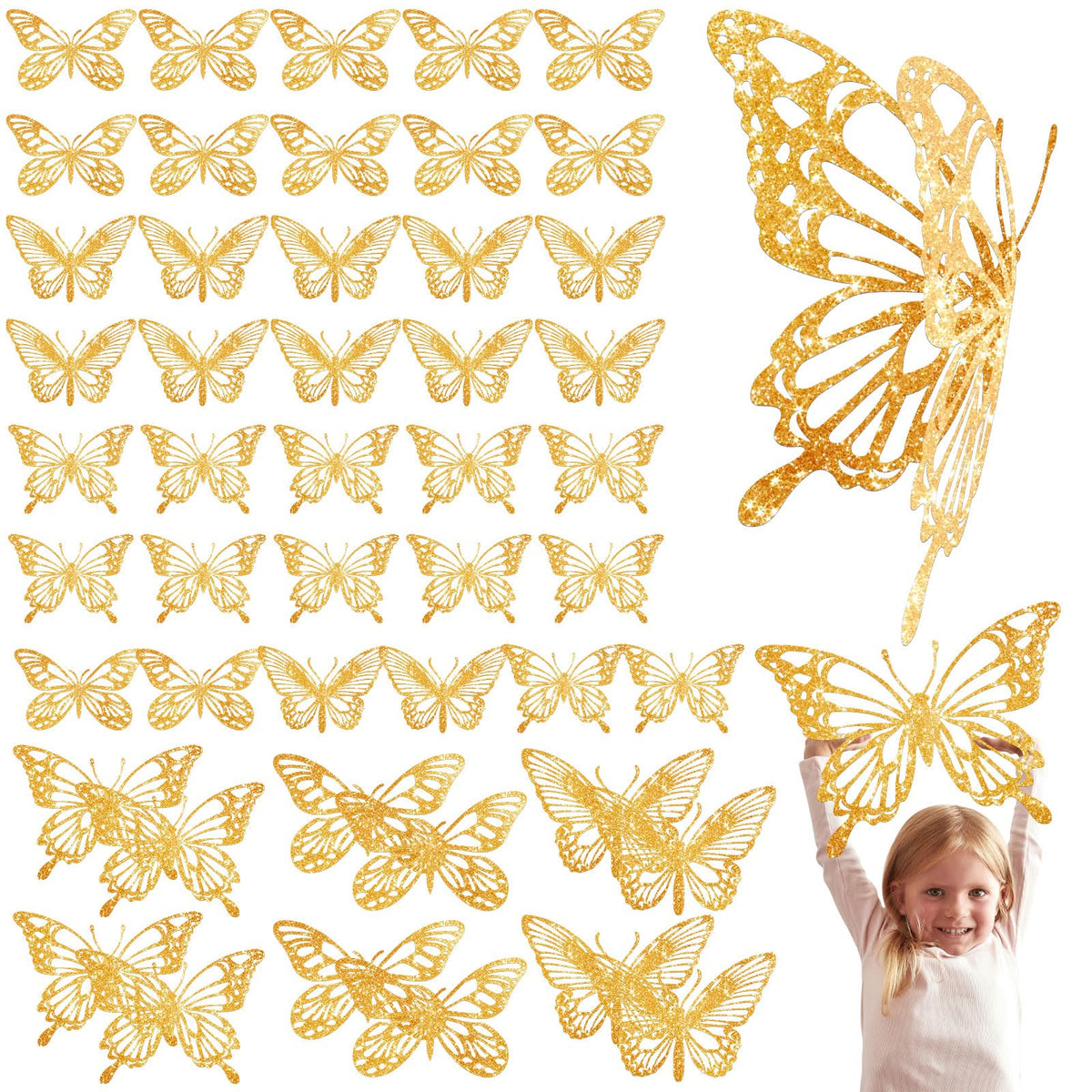 Yeaqee glitter gold 3D butterflies large wall decor style A for events