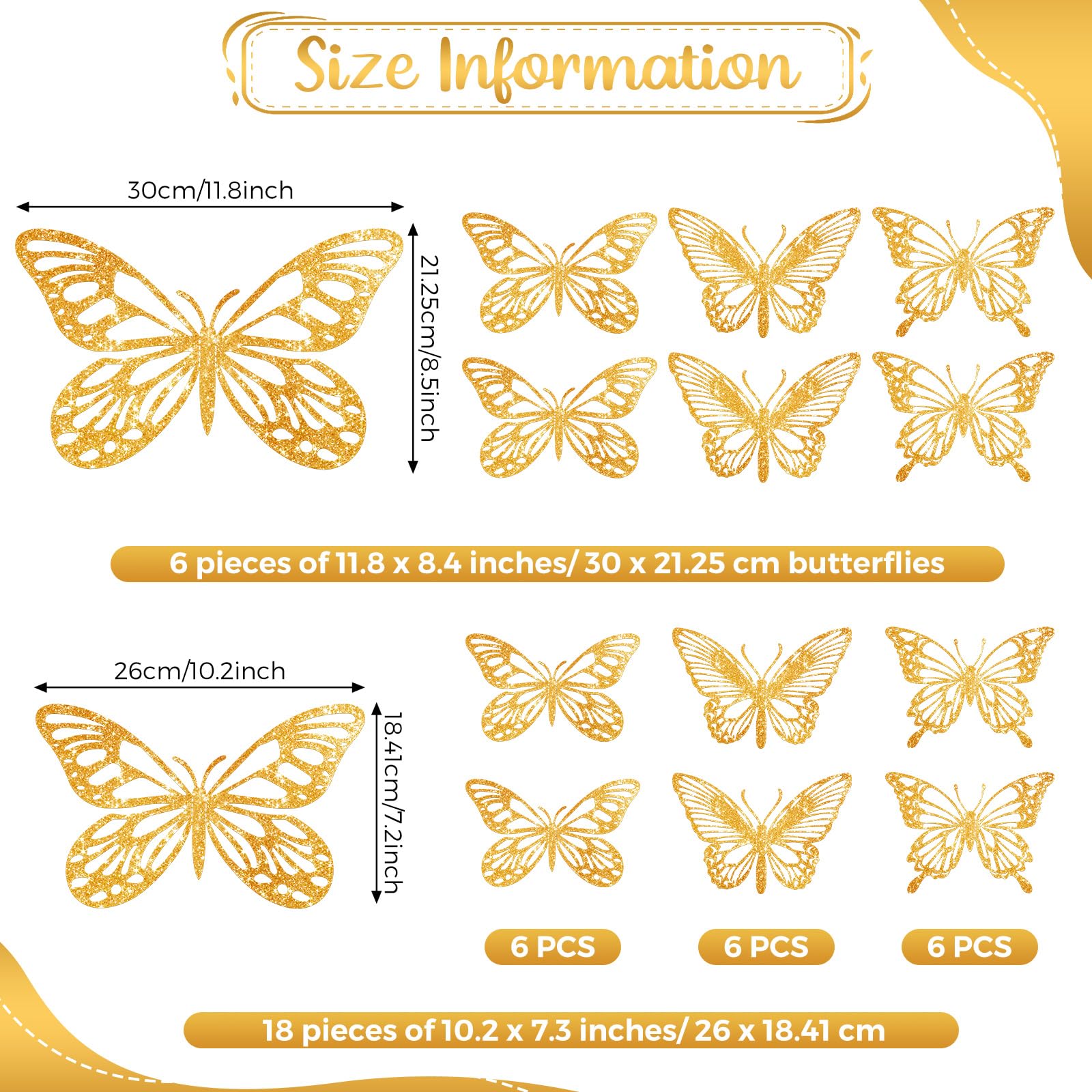 Yeaqee glitter gold 3D butterflies large wall decor style B for weddings