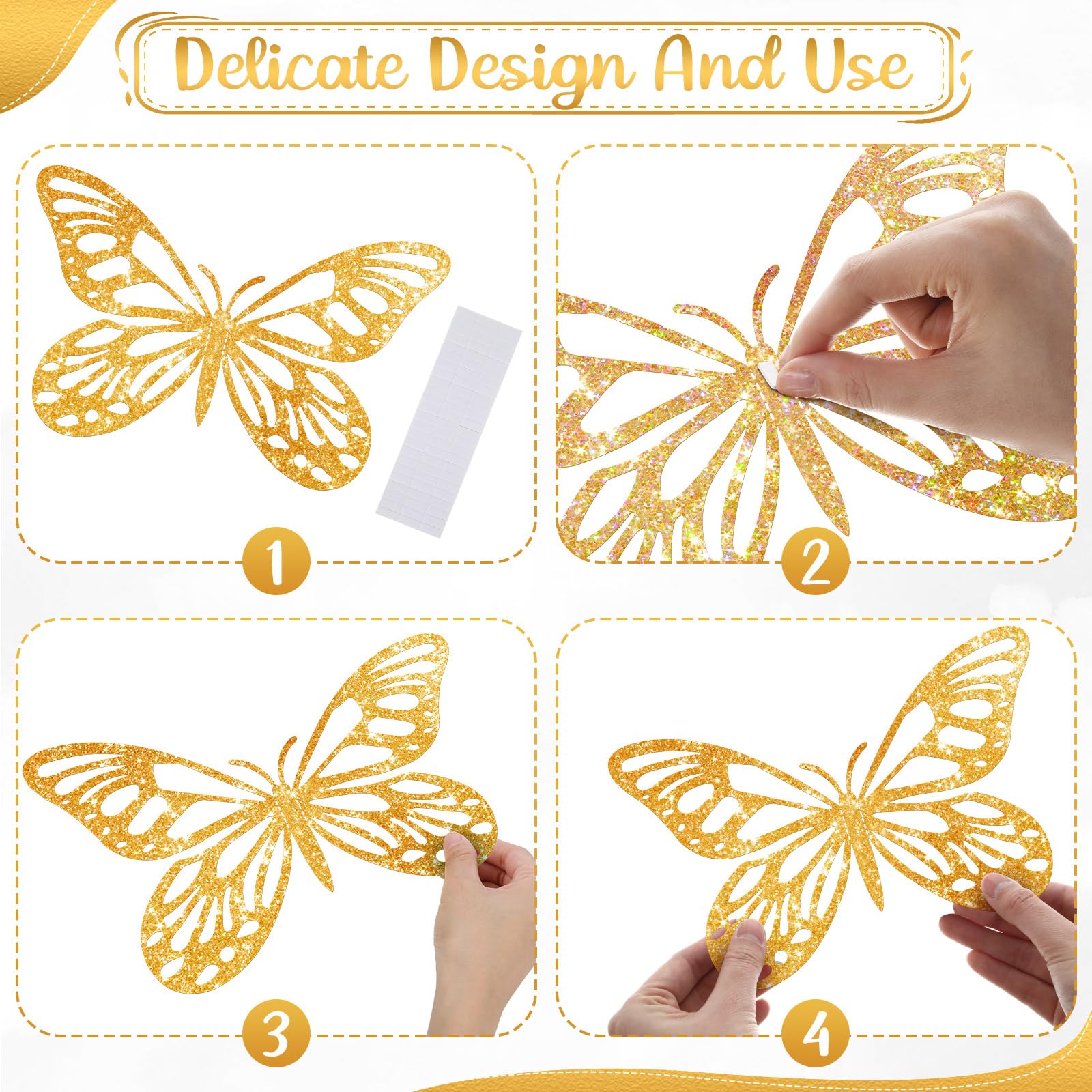 Yeaqee glitter gold 3D butterflies small wall decor style A for nursery