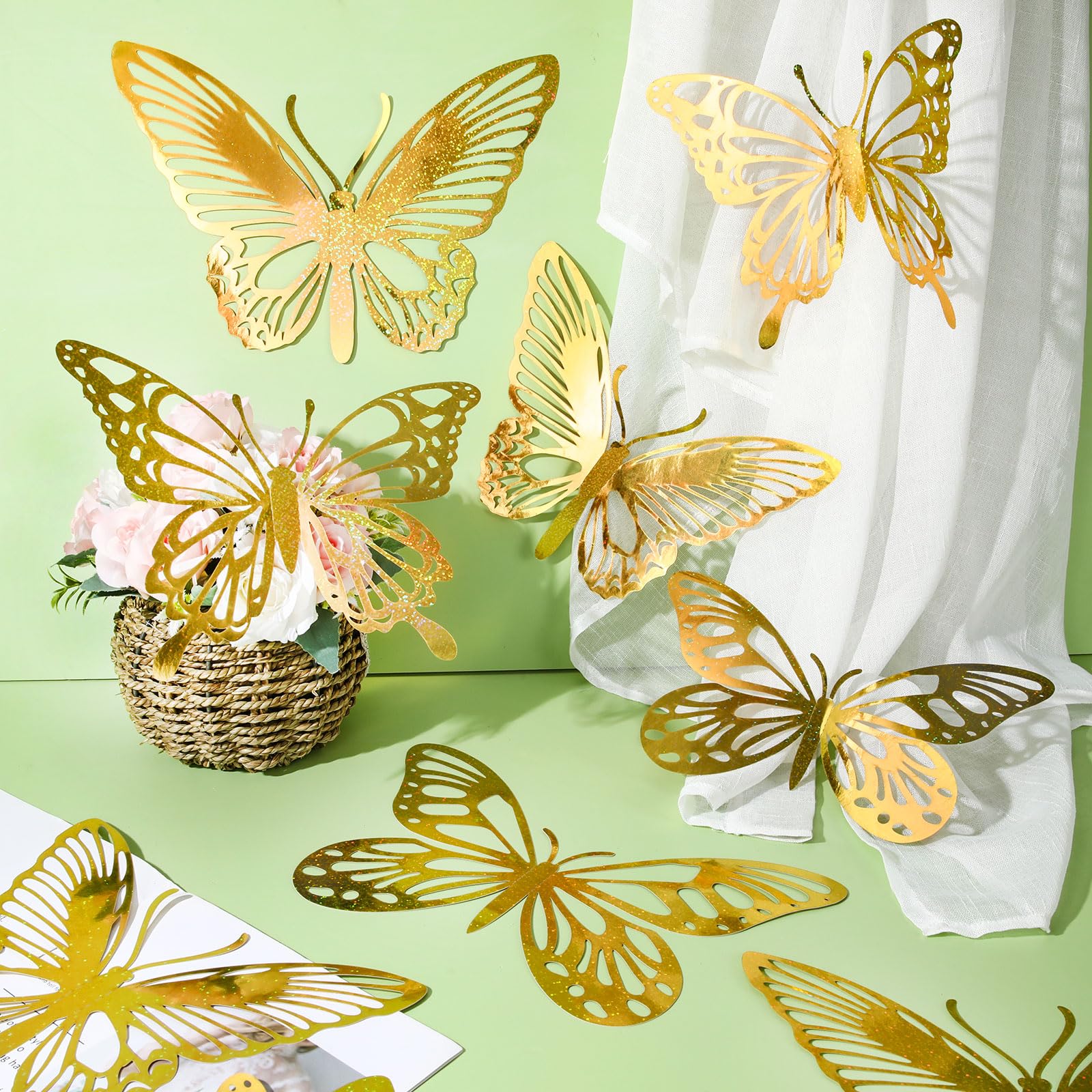 Yeaqee glitter gold 3D butterflies small wall decor style B for birthday party
