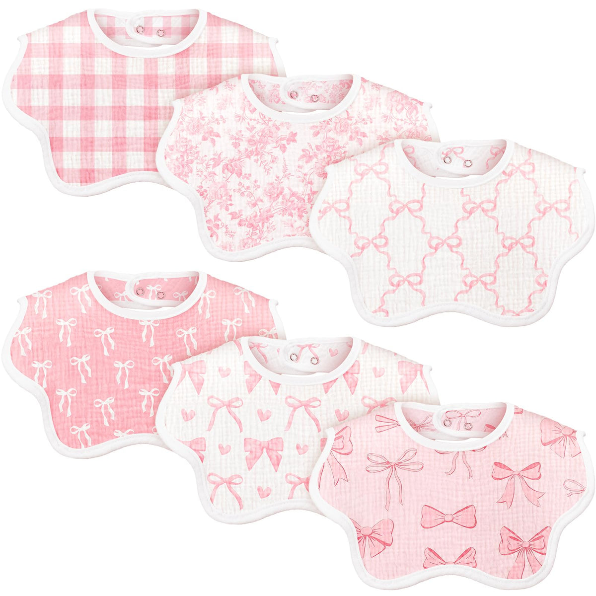 Yearntown baby muslin bibs with pink bow flatlay showing coordinated style and drool protection