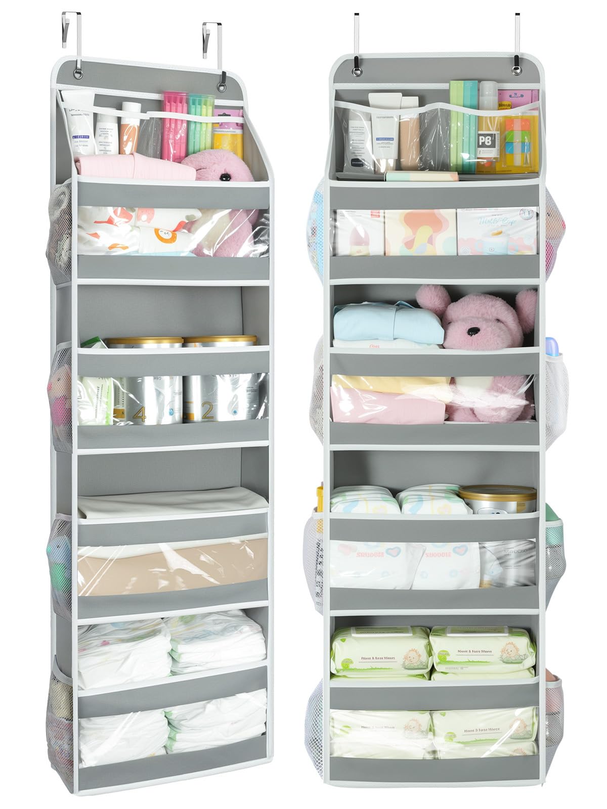 Yecaye 5-tier door organizer front view showing roomy compartments for clothes and toys.