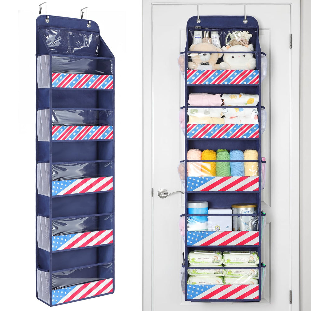 Yecaye 6-tier door organizer front view in navy showing spacious compartments for outerwear