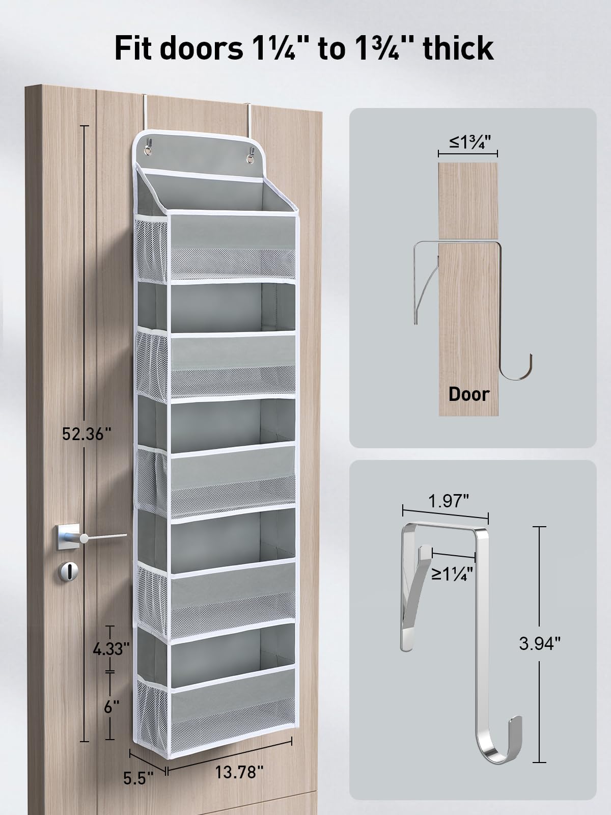Yecaye over door organizer door clip-fit shows secure mounting without door interference.
