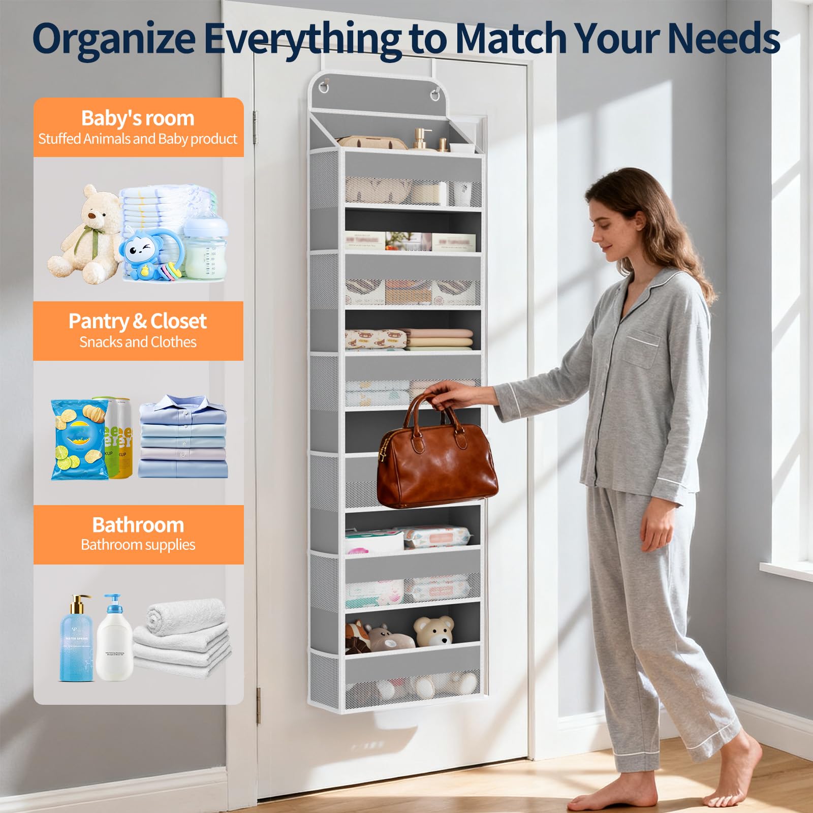 Yecaye over-door organizer shows 12 mesh pockets for small gadgets and accessories.