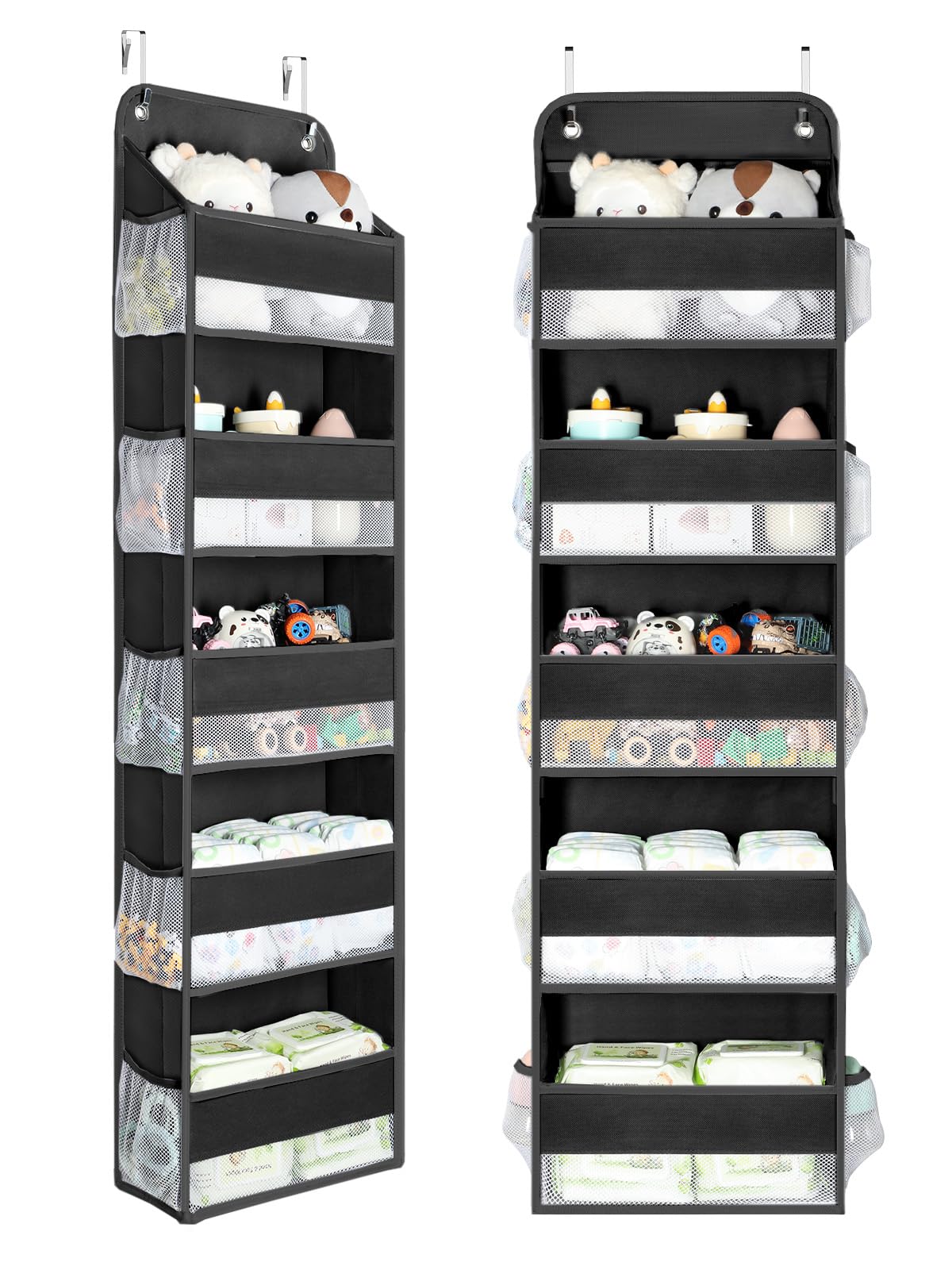 Yecaye over door organizer with five bins organizes nursery essentials at a glance.
