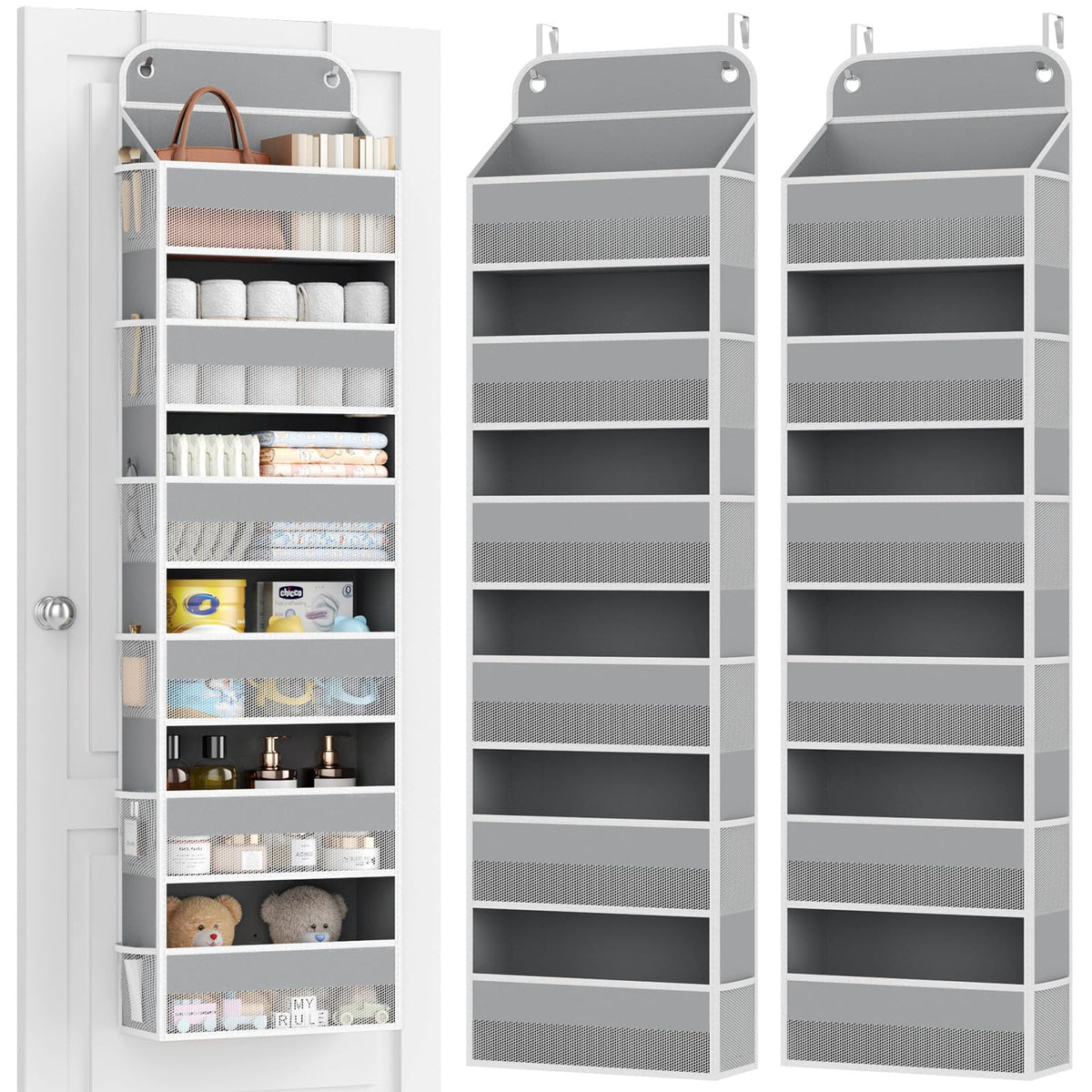 Yecaye over-the-door organizer 6-tier front view keeps daily items tidy behind a door.