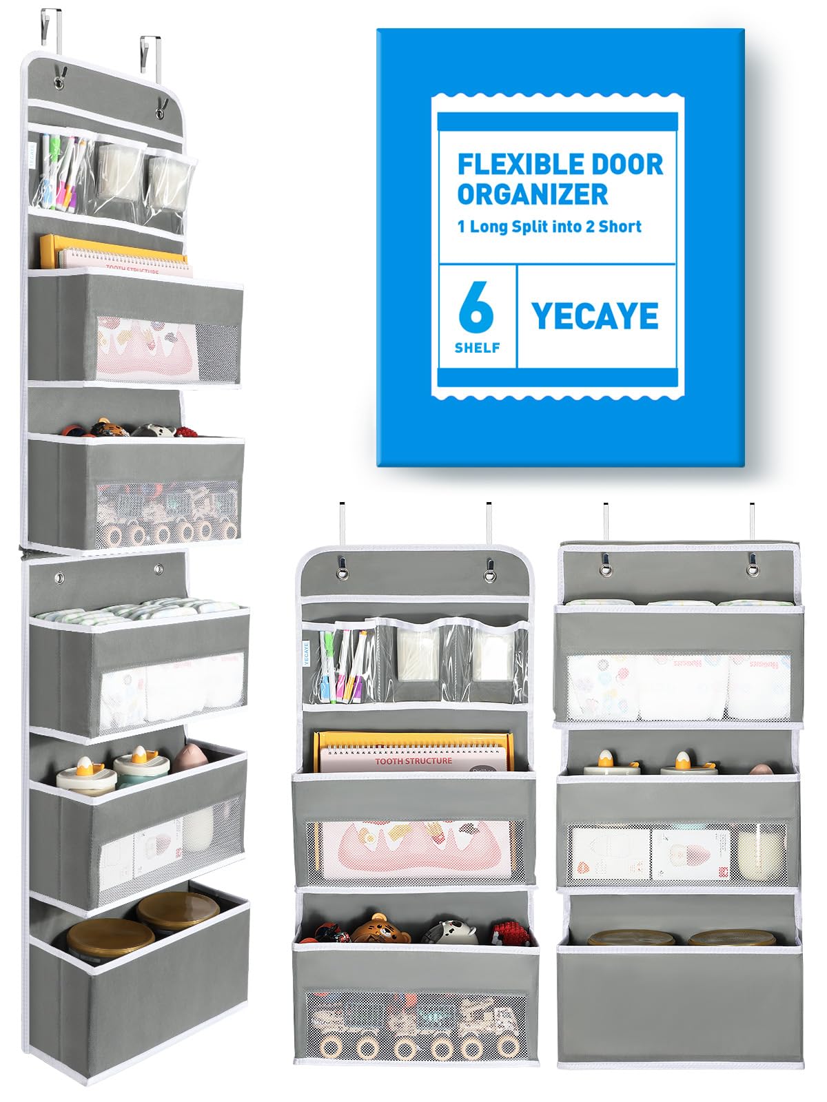 Yecaye over-the-door 6-tier organizer, full-length setup for diaper and baby essentials.
