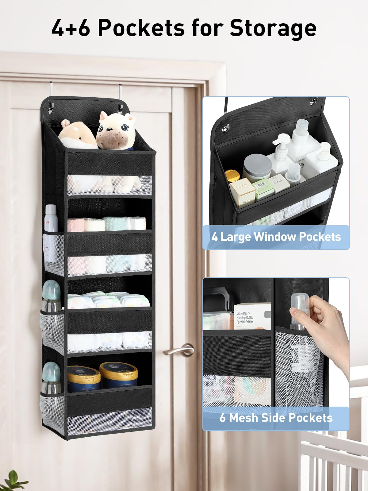 Yecaye over-the-door organizer 4-tier storage keeps diapers and wipes organized and visible.