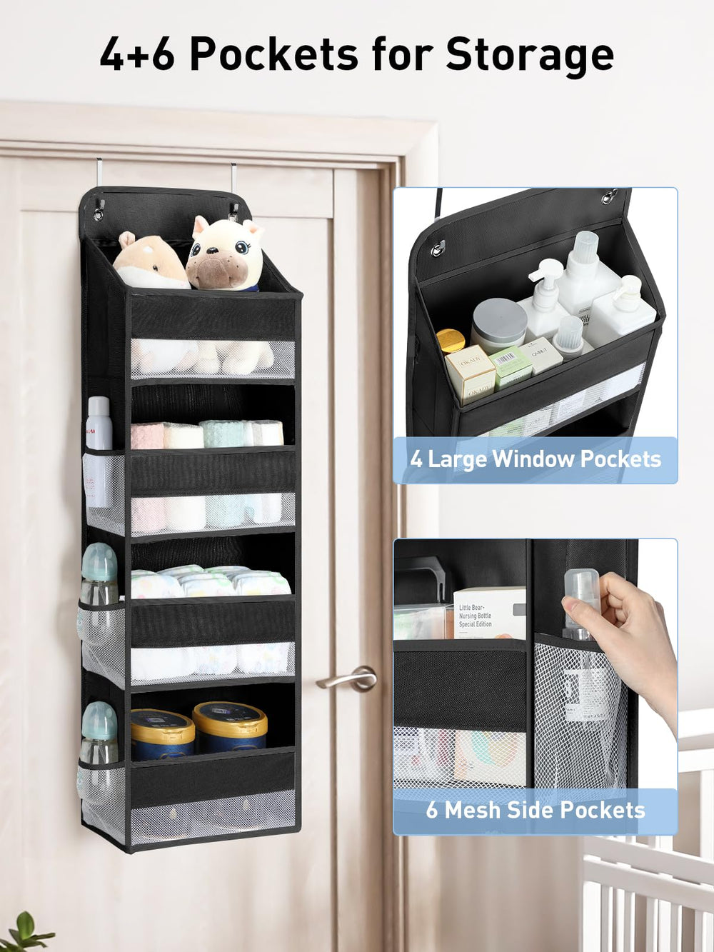Yecaye over-the-door organizer 4-tier storage keeps diapers and wipes organized and visible.