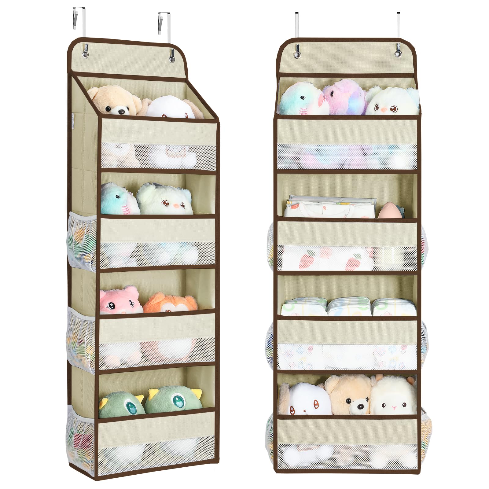 Yecaye over-the-door organizer beige front view with clear mesh pockets for toy storage.