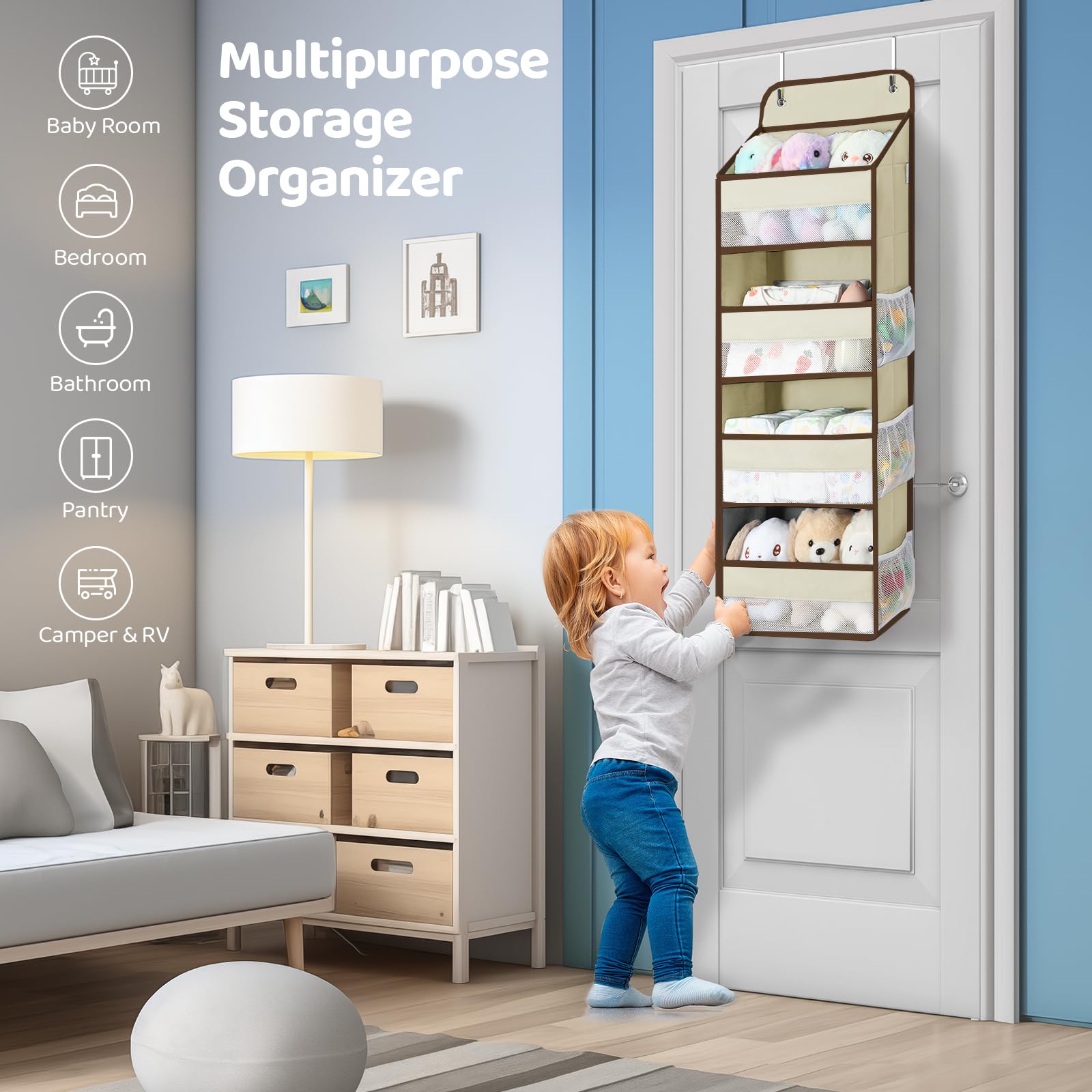 Yecaye over-the-door organizer beige nursery-bathroom setup demonstrates versatile use.