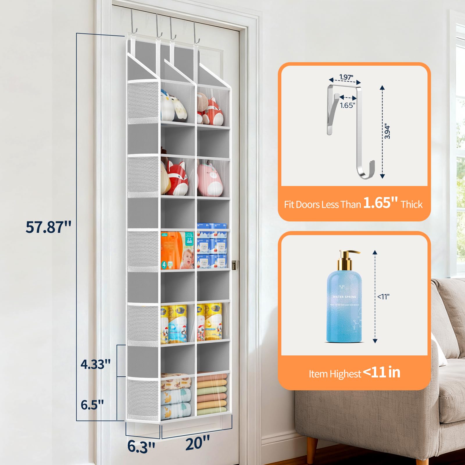 Yecaye over-the-door organizer clear windows provide instant item visibility.